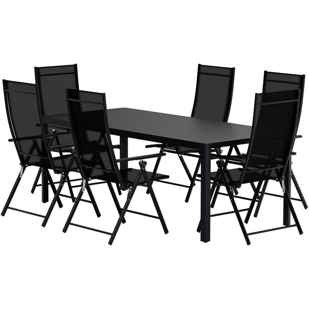 Ruokailuryhmä ulos Venture Home, musta Giardini-pöytä 200x90cm + 6 mustaa Levanzo-tuolia