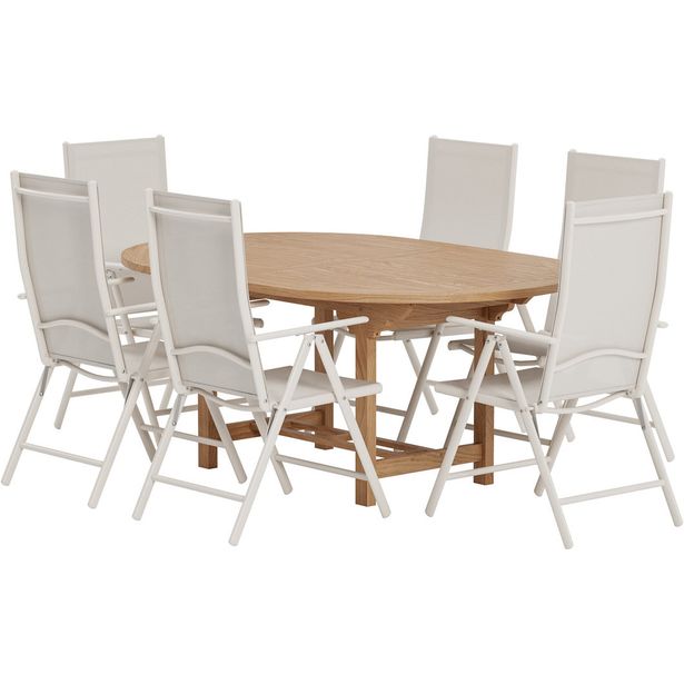 Ruokailuryhmä ulos Venture Home, luonnollisenvärinen Kenya-pöytä 180x120cm + 6 beigeä Break-tuolia