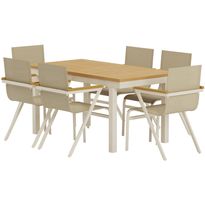 Ruokailuryhmä ulos Venture Home, luonnollisenvärinen Panama-pöytä 160x90cm + 6 beigeä Mexico-tuolia