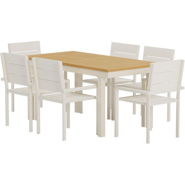 Ruokailuryhmä ulos Venture Home, luonnollisenvärinen Panama-pöytä 160x90cm + 6 beigeä Levels-tuolia