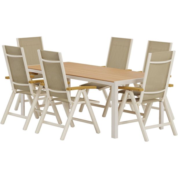 Ruokailuryhmä ulos Venture Home, beige Break-pöytä 205x90cm + 6 beigeä Panama-tuolia