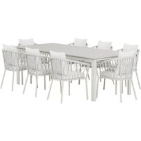 Ruokailuryhmä ulos Venture Home, beige Levels-pöytä 229x100cm + 8 valkoista Linos-tuolia