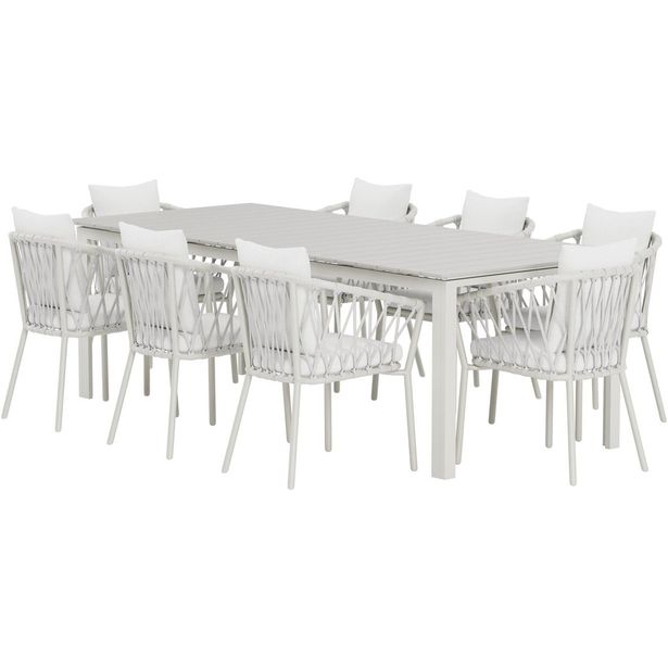 Ruokailuryhmä ulos Venture Home, beige Levels-pöytä 229x100cm + 8 valkoista Linos-tuolia