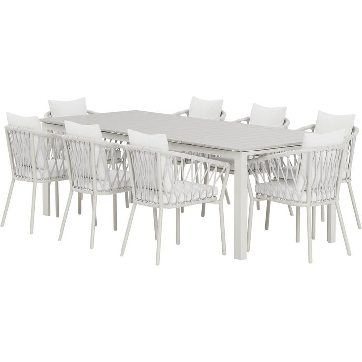 Ruokailuryhmä ulos Venture Home, beige Levels-pöytä 229x100cm + 8 valkoista Linos-tuolia