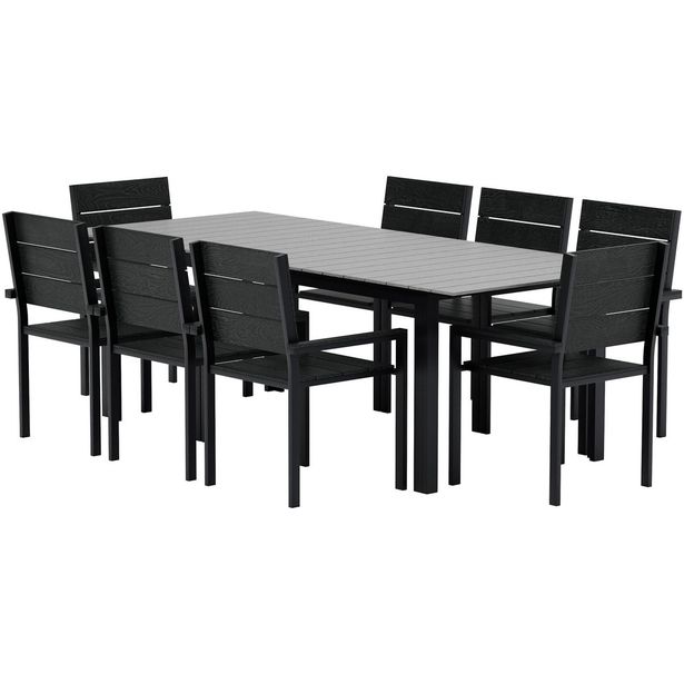 Ruokailuryhmä ulos Venture Home, musta Levels-pöytä 229x100cm + 8 mustaa Levels-tuolia