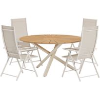 Ruokailuryhmä ulos Venture Home, luonnollisenvärinen Mexico-pöytä Ø140cm + 4 beigeä Levanzo-tuolia