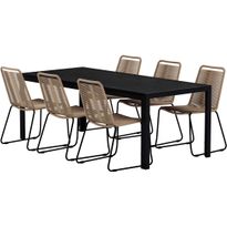Ruokailuryhmä ulos Venture Home, musta Mirko-pöytä 205x90cm + 6 ruskeaa Lindos-tuolia