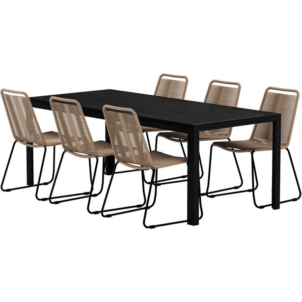 Ruokailuryhmä ulos Venture Home, musta Mirko-pöytä 205x90cm + 6 ruskeaa Lindos-tuolia