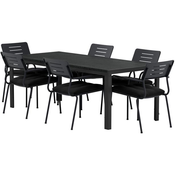 Ruokailuryhmä ulos Venture Home, musta Mirko-pöytä 205x90cm + 6 mustaa Nicke-tuolia