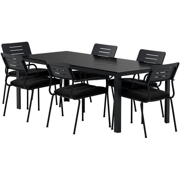 Ruokailuryhmä ulos Venture Home, musta Break-pöytä 205x90cm + 6 mustaa Nicke-tuolia