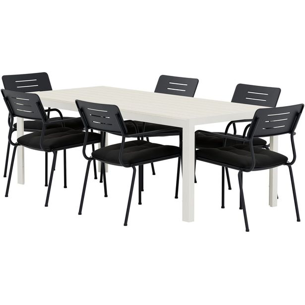 Ruokailuryhmä ulos Venture Home, beige Mirko-pöytä 205x90cm + 6 mustaa Nicke-tuolia