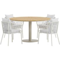 Ruokailuryhmä ulos Venture Home, beige Croft-pöytä Ø120cm + 4 valkoista Linos-tuolia