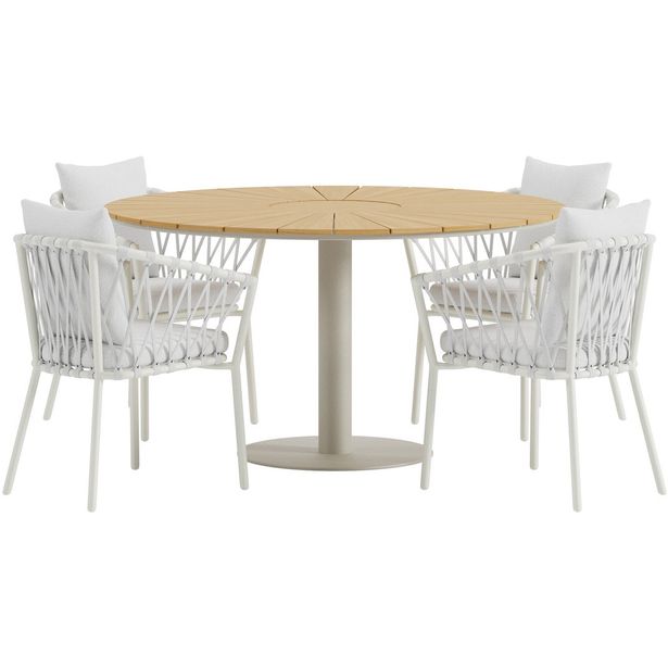 Ruokailuryhmä ulos Venture Home, beige Croft-pöytä Ø120cm + 4 valkoista Linos-tuolia