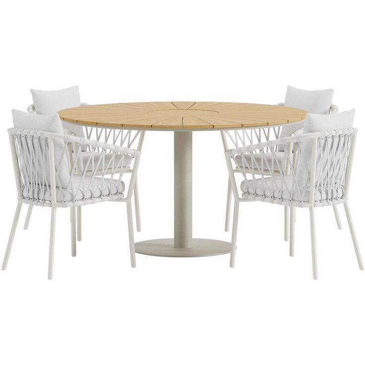 Ruokailuryhmä ulos Venture Home, beige Croft-pöytä Ø120cm + 4 valkoista Linos-tuolia