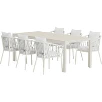 Ruokailuryhmä ulos Venture Home, beige Mirko-pöytä 205x90cm + 6 valkoista Linos-tuolia