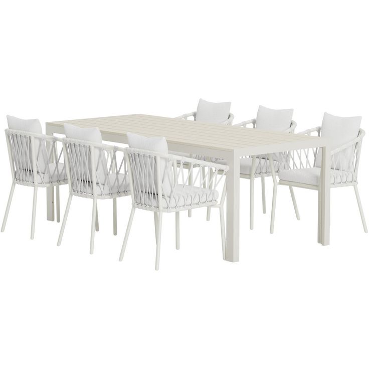 Ruokailuryhmä ulos Venture Home, beige Mirko-pöytä 205x90cm + 6 valkoista Linos-tuolia