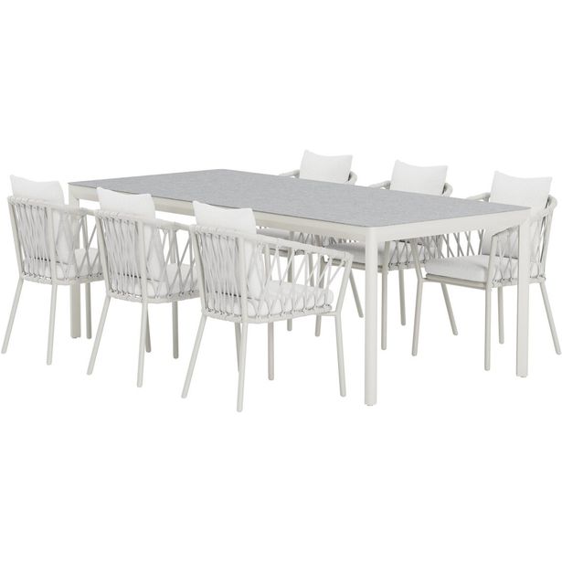 Ruokailuryhmä ulos Venture Home, beige Lino-pöytä 220x100cm + 6 valkoista Linos-tuolia