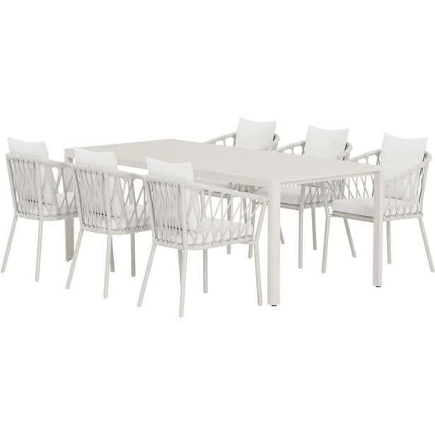 Ruokailuryhmä ulos Venture Home, beige Giardini-pöytä 200x90cm + 6 valkoista Linos-tuolia