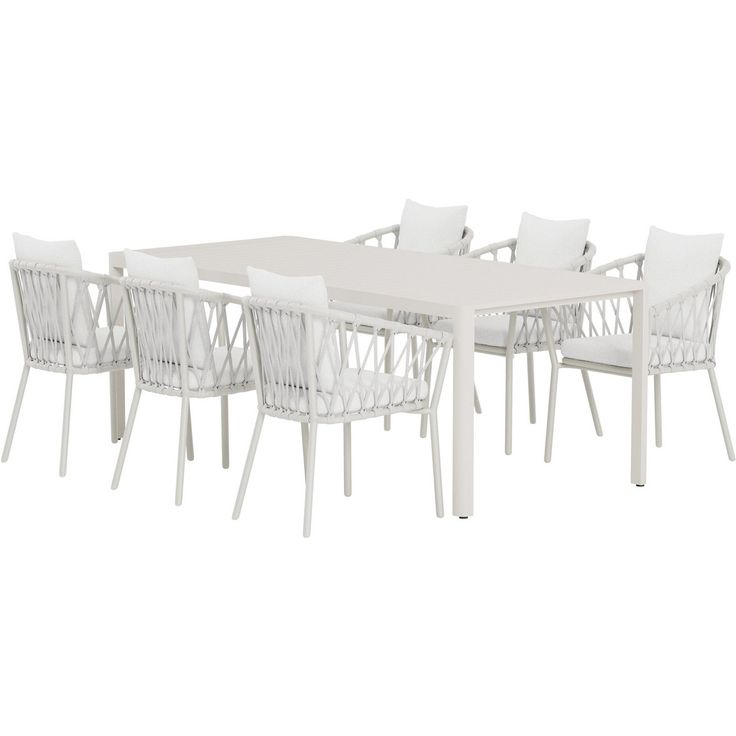 Ruokailuryhmä ulos Venture Home, beige Giardini-pöytä 200x90cm + 6 valkoista Linos-tuolia