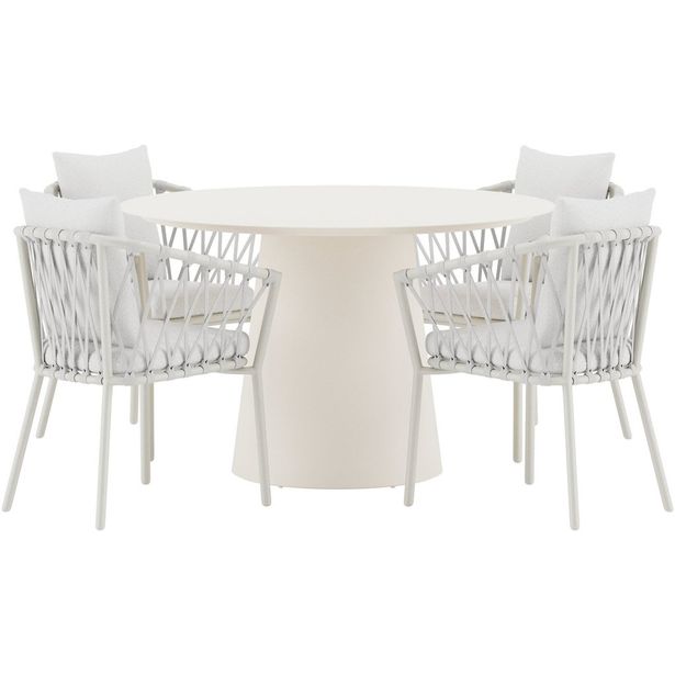 Ruokailuryhmä ulos Venture Home, beige Lanzo-pöytä Ø120cm + 4 valkoista Linos-tuolia