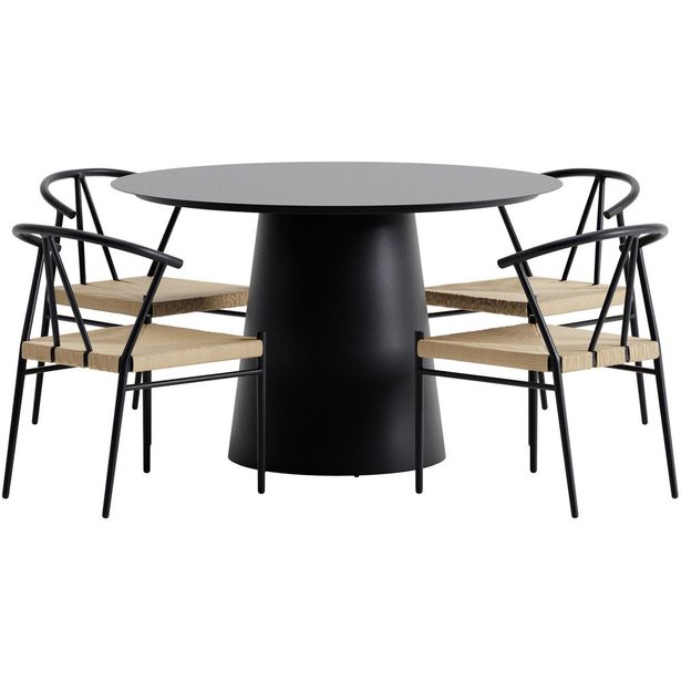 Ruokailuryhmä ulos Venture Home, musta Lanzo-pöytä Ø120cm + 4 mustaa Alfons-tuolia