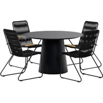 Ruokailuryhmä ulos Venture Home, musta Lanzo-pöytä Ø120cm + 4 mustaa Bois-tuolia