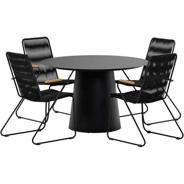 Ruokailuryhmä ulos Venture Home, musta Lanzo-pöytä Ø120cm + 4 mustaa Bois-tuolia