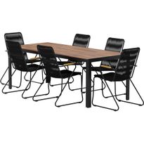 Ruokailuryhmä ulos Venture Home, luonnollisenvärinen Bois-pöytä 205x90cm + 6 mustaa Bois-tuolia