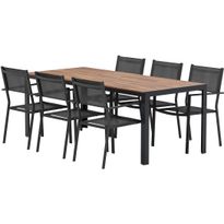 Ruokailuryhmä ulos Venture Home, luonnollisenvärinen Bois-pöytä 205x90cm + 6 mustaa Copacabana-tuolia