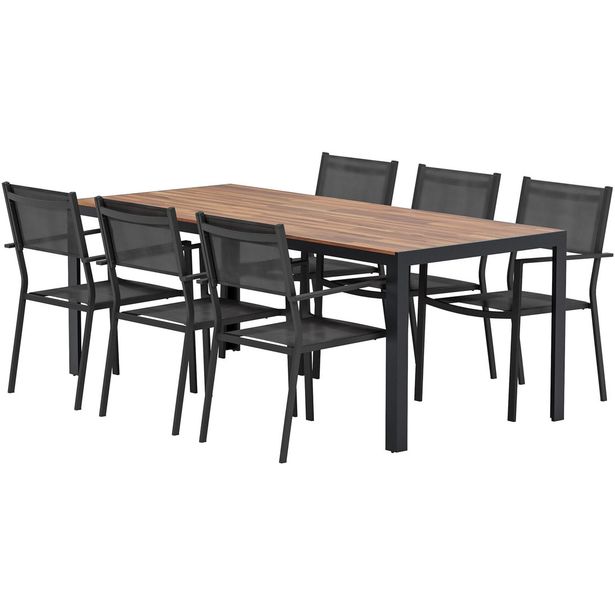 Ruokailuryhmä ulos Venture Home, luonnollisenvärinen Bois-pöytä 205x90cm + 6 mustaa Copacabana-tuolia