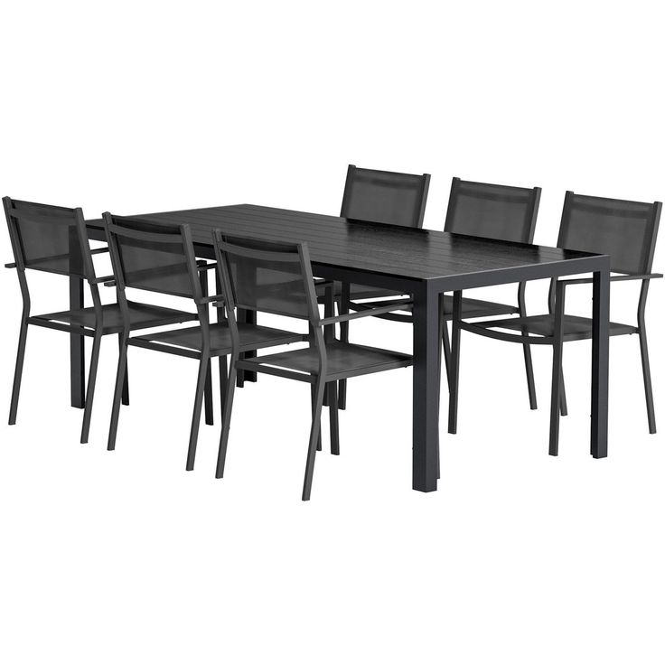 Ruokailuryhmä ulos Venture Home, musta Break-pöytä 205x90cm + 6 mustaa Copacabana-tuolia