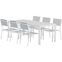 Ruokailuryhmä ulos Venture Home, valkoinen Break-pöytä 205x90cm + 6 harmaata Copacabana-tuolia