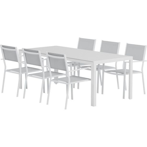 Ruokailuryhmä ulos Venture Home, valkoinen Break-pöytä 205x90cm + 6 harmaata Copacabana-tuolia