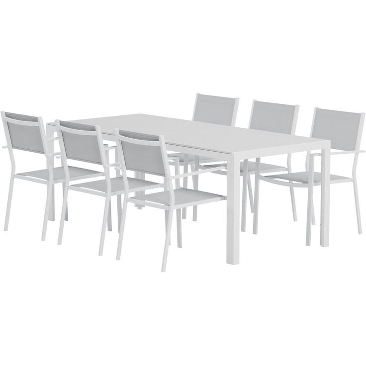 Ruokailuryhmä ulos Venture Home, valkoinen Break-pöytä 205x90cm + 6 harmaata Copacabana-tuolia