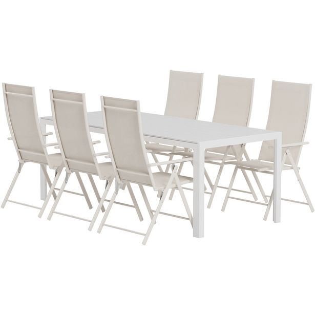 Ruokailuryhmä ulos Venture Home, valkoinen Break-pöytä 205x90cm + 6 beigeä Levanzo-tuolia