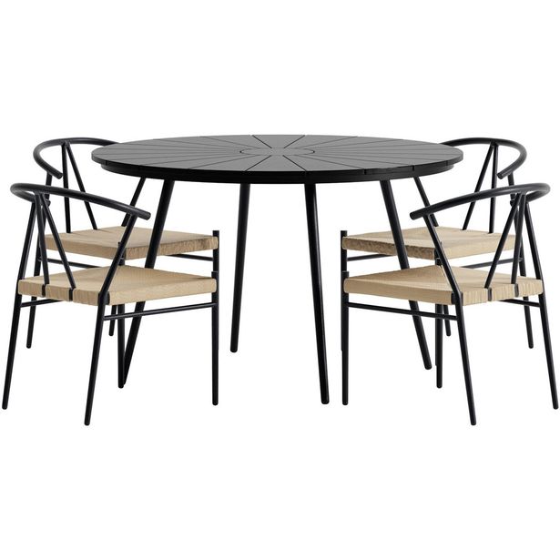 Ruokailuryhmä ulos Venture Home, musta San-pöytä Ø120cm + 4 mustaa Alfons-tuolia