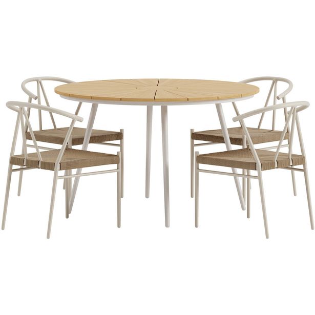 Ruokailuryhmä ulos Venture Home, beige San-pöytä Ø120cm + 4 beigeä Alfons-tuolia