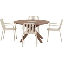 Ruokailuryhmä ulos Venture Home, ruskea Rosario-pöytä Ø140cm + 4 beigeä Peking-tuolia