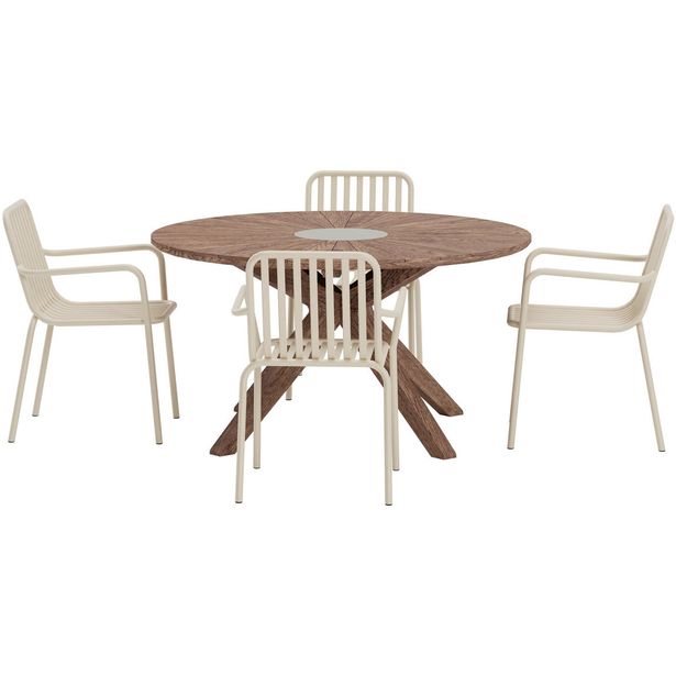 Ruokailuryhmä ulos Venture Home, ruskea Rosario-pöytä Ø140cm + 4 beigeä Peking-tuolia