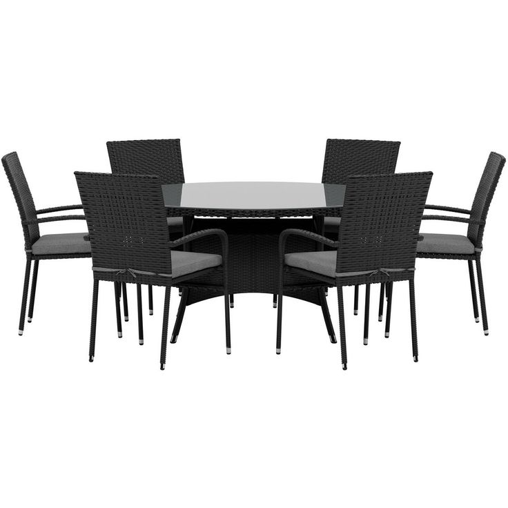 Ruokailuryhmä ulos Venture Home, musta Volta-pöytä Ø150cm + 6 mustaa Anna-tuolia