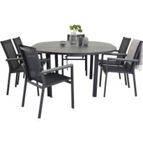 Ruokailuryhmä ulos Venture Home, musta Marbella-pöytä Ø140cm + 6 mustaa Parma-tuolia