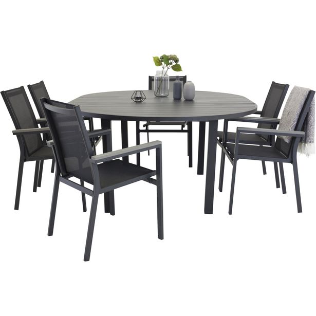 Ruokailuryhmä ulos Venture Home, musta Marbella-pöytä Ø140cm + 6 mustaa Parma-tuolia