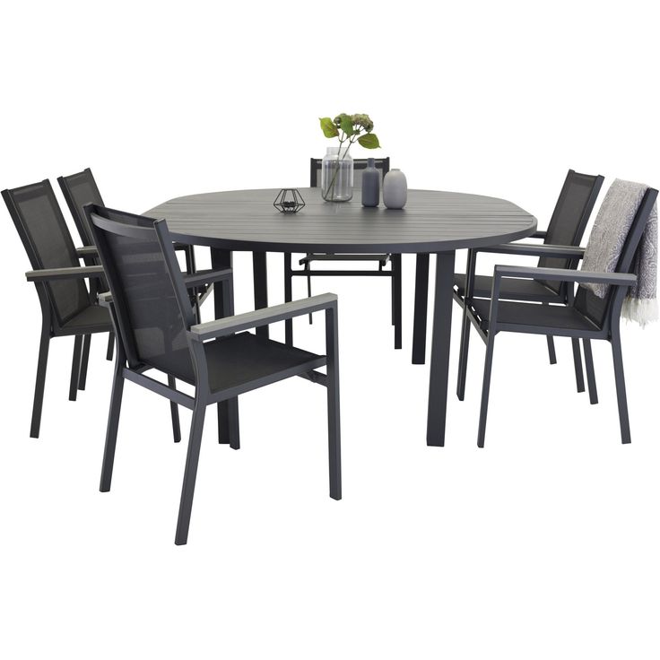 Ruokailuryhmä ulos Venture Home, musta Marbella-pöytä Ø140cm + 6 mustaa Parma-tuolia