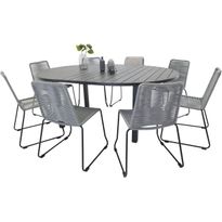 Ruokailuryhmä Venture Home, ø140cm jatkettava musta Marbella-pöytä + 8 harmaata Lindos-tuolia