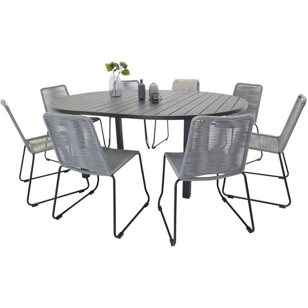 Ruokailuryhmä Venture Home, ø140cm jatkettava musta Marbella-pöytä + 8 harmaata Lindos-tuolia