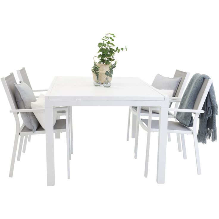 Ruokailuryhmä Venture Home,160/240x100cm jatkettava valkoinen Marbella-pöytä + 4 harmaa/valkoista, pinottavaa Copacabana-tuolia