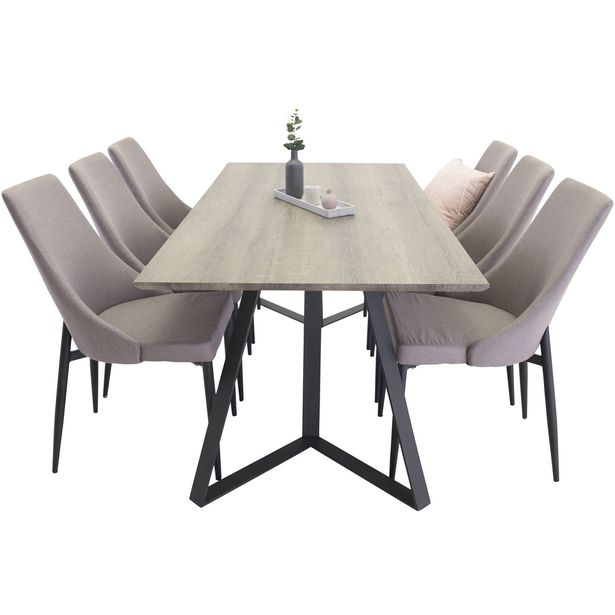 Ruokailuryhmä Venture Home, 180x90cm ruskea Marina-pöytä + 6 harmaata Leone-tuolia