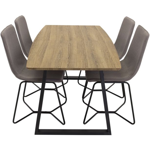 Jatkettava ruokailuryhmä Venture Home, 160/200x85cm pähkinänruskea Inca-pöytä + 4 harmaata X-tuolia