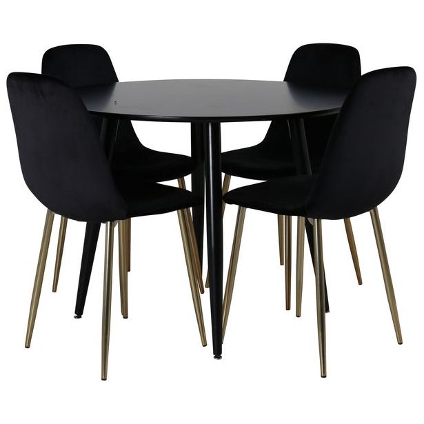 Ruokailuryhmä Venture Home, ⌀100cm musta Plaza-pöytä + 4 mustaa Polar-tuolia