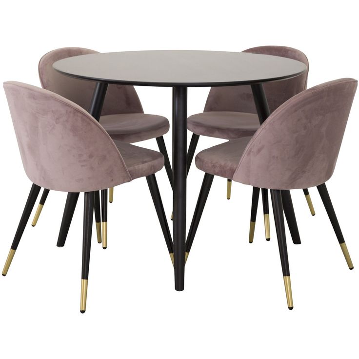 Ruokailuryhmä Venture Home, ⌀100cm musta Plaza-pöytä + 4 Velvet-tuolia, messinki